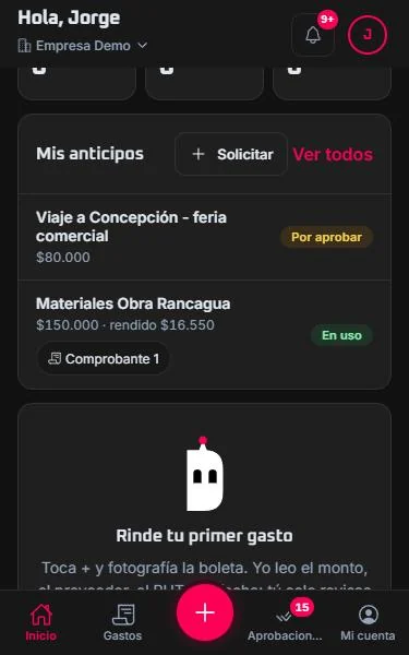 App: anticipos solicitados y en uso, con lo rendido