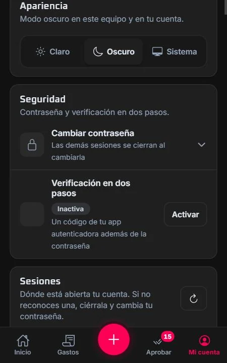 App: apariencia, cambio de contraseña, verificación en dos pasos y sesiones abiertas
