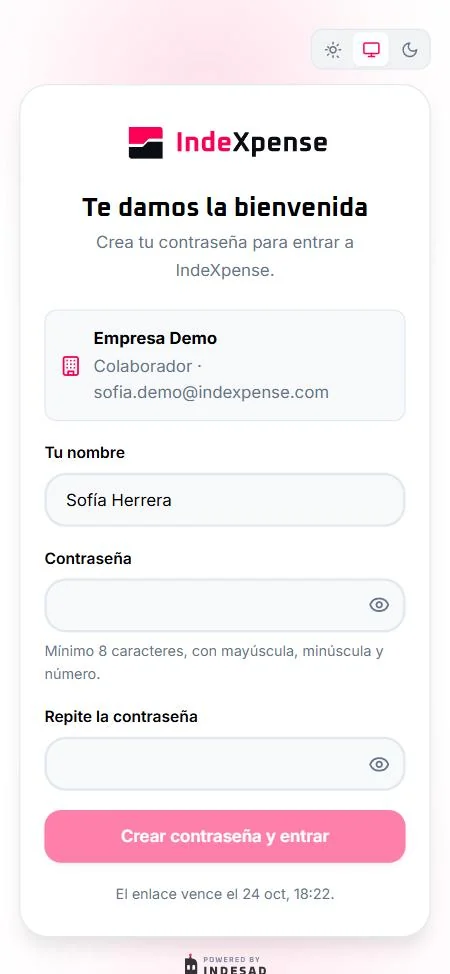 Invitación: la persona crea su propia contraseña desde el enlace