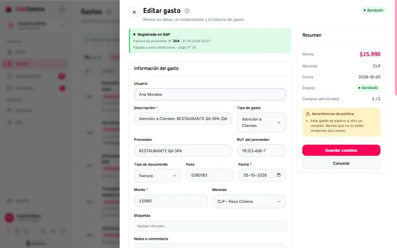 Portal: gasto registrado en SAP con número de factura y pago, ya sin edición