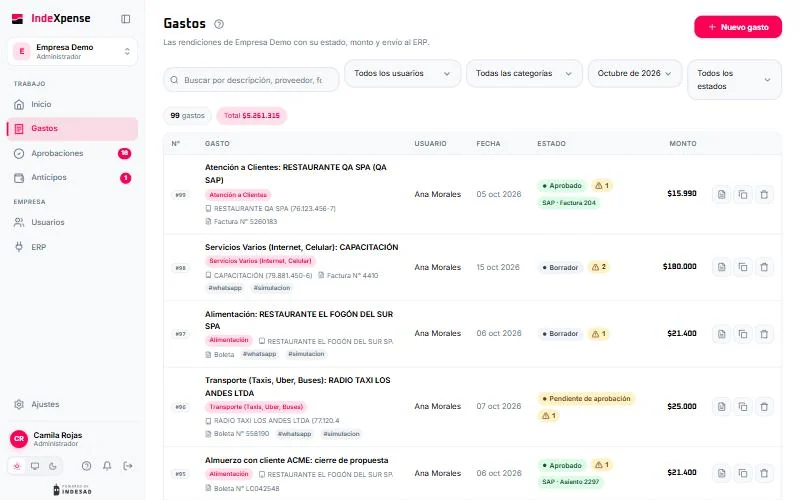 Portal: lista de gastos con el chip «SAP · Factura» de cada gasto contabilizado